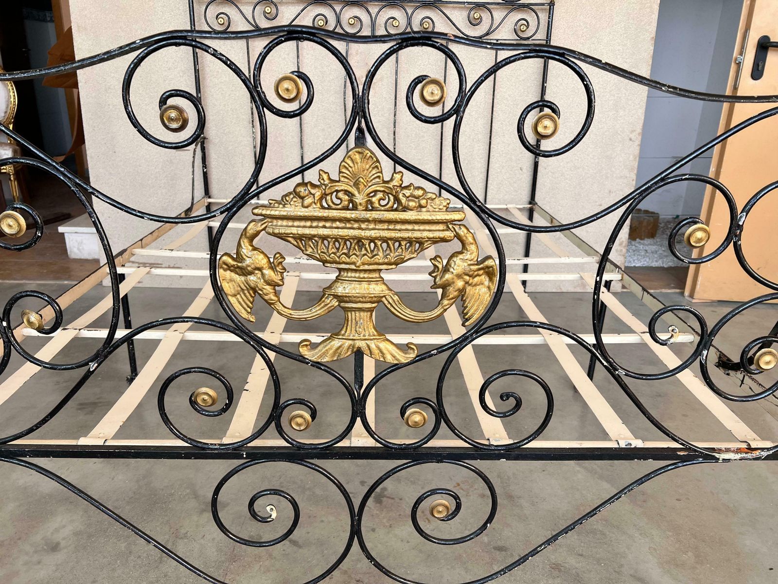 photo furniture Large Black And Golden Iron & Bronze Full Bed, Early 19th Century