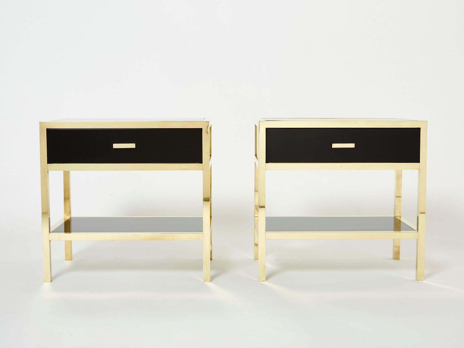 photo for sale Pair Of Michel Pigneres Black Lacquered Brass Nightstands Tables 1970s