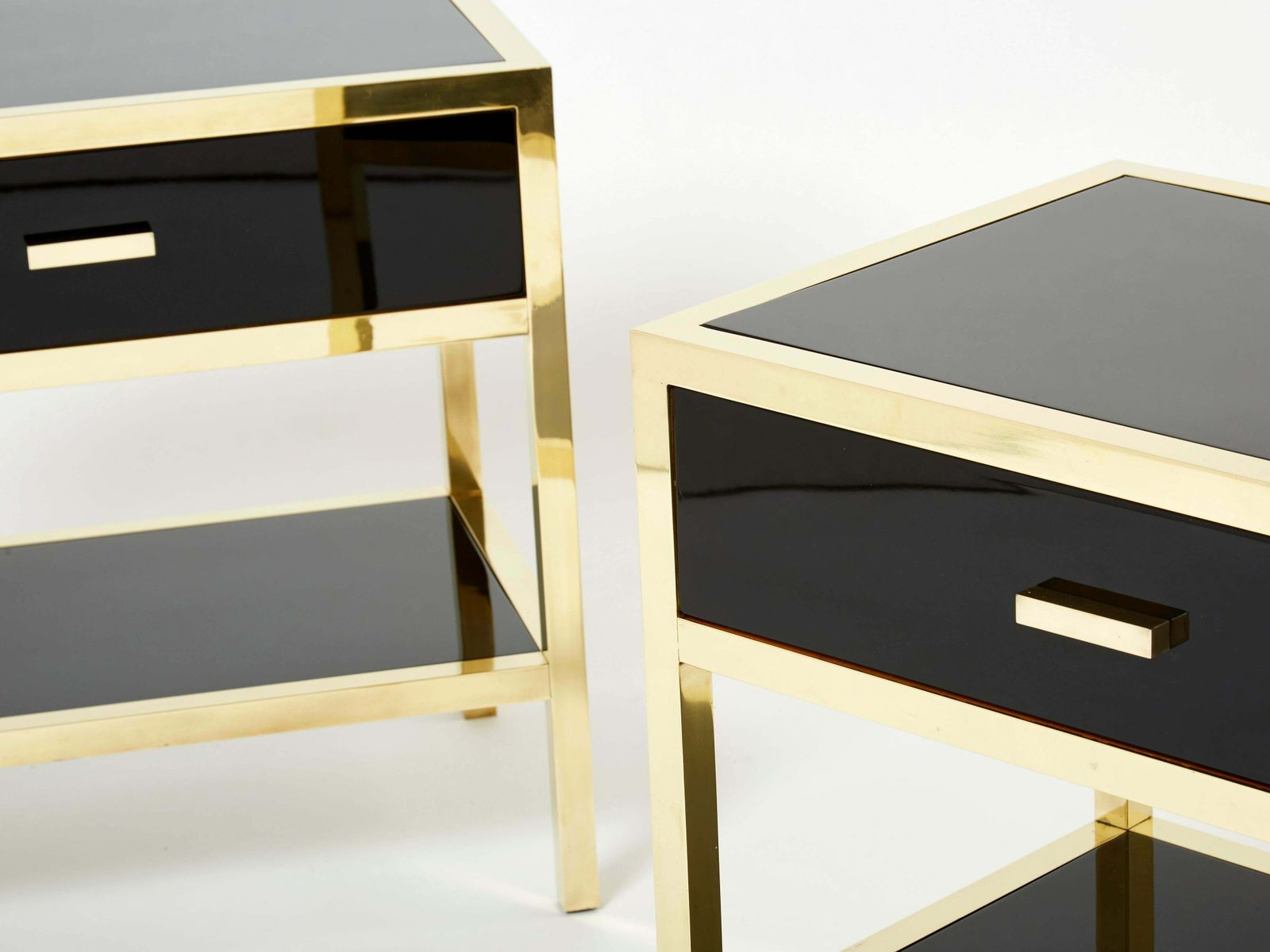 Furniture Pair Of Michel Pigneres Black Lacquered Brass Nightstands Tables 1970s photo