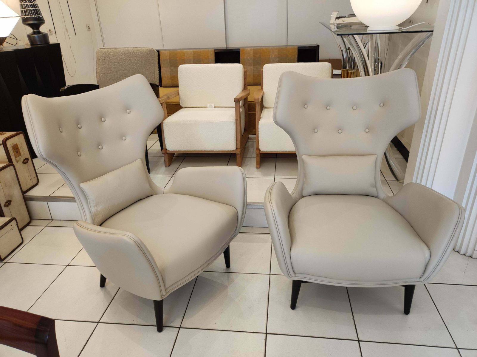Pair Of French Greige Leather Armchairs photo furniture