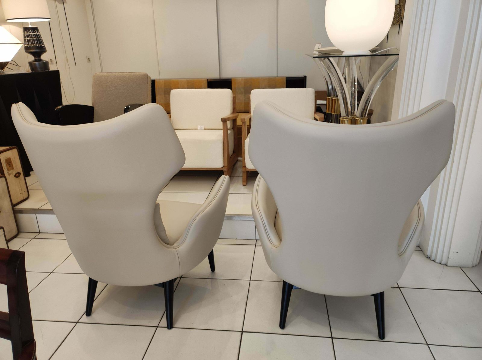 Pair Of French Greige Leather Armchairs photo for sale