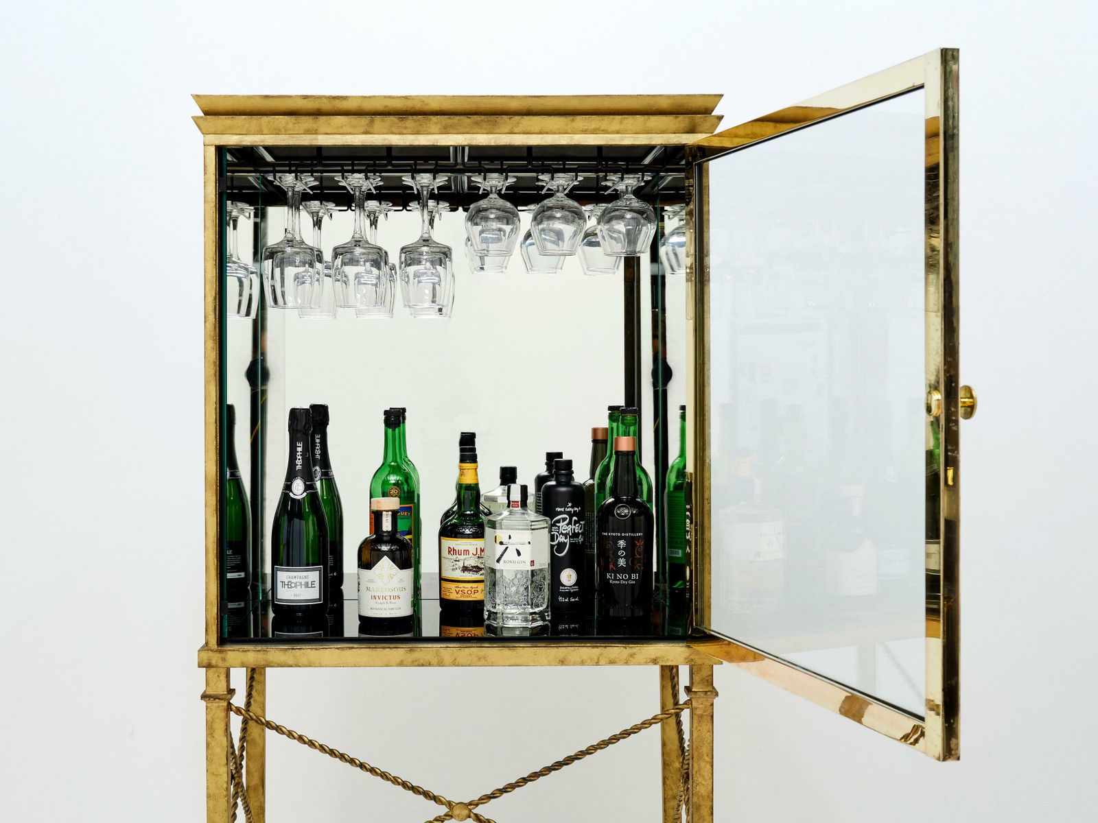 French Gilded Iron Mirrored And Brass Bar Cabinet Vitrine 1920s photo for sale