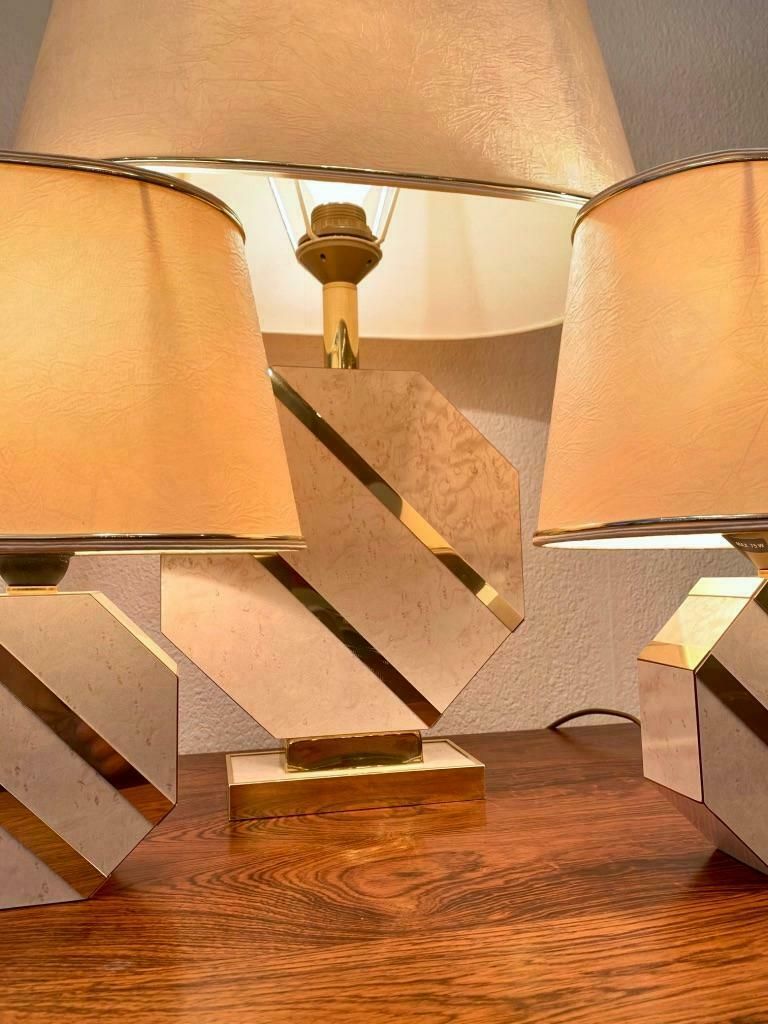 Set Of 3 Brass & Lacquered Wood Octogonal Base Table Lamps, Ca. 1970s photo for sale