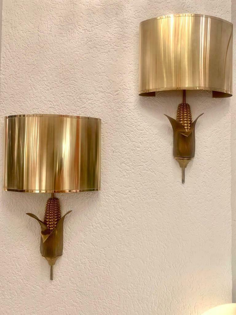 Signed Maison Charles Pair Of Bronze & Brass "Corn" Wall Lamps, France, 1970s photo furniture