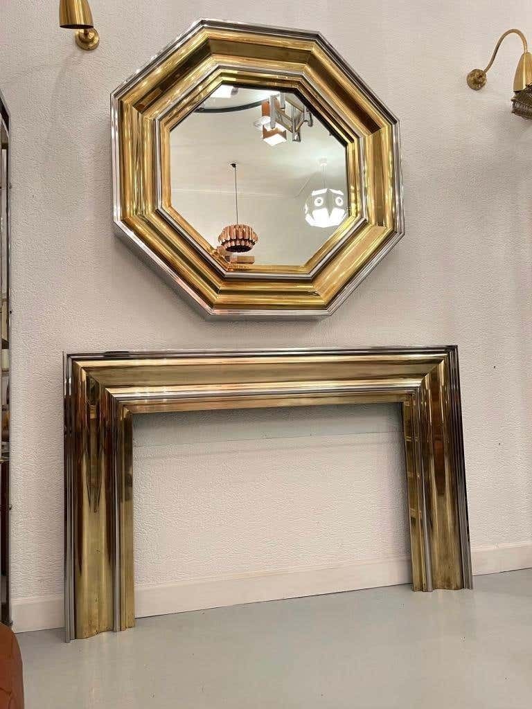 Vintage Chrome & Brass Octagonal Wall Mirror & Fireplace By Sandro Petti, 1970s photo for sale