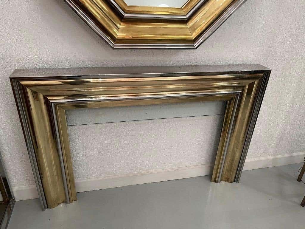 photo for sale Vintage Chrome & Brass Octagonal Wall Mirror & Fireplace By Sandro Petti, 1970s