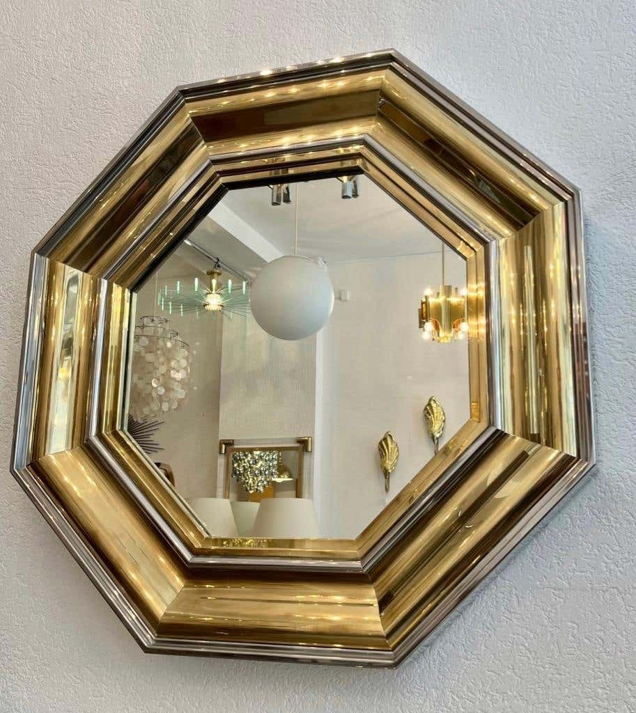Home Fixtures Vintage Chrome & Brass Octagonal Wall Mirror & Fireplace By Sandro Petti, 1970s photo