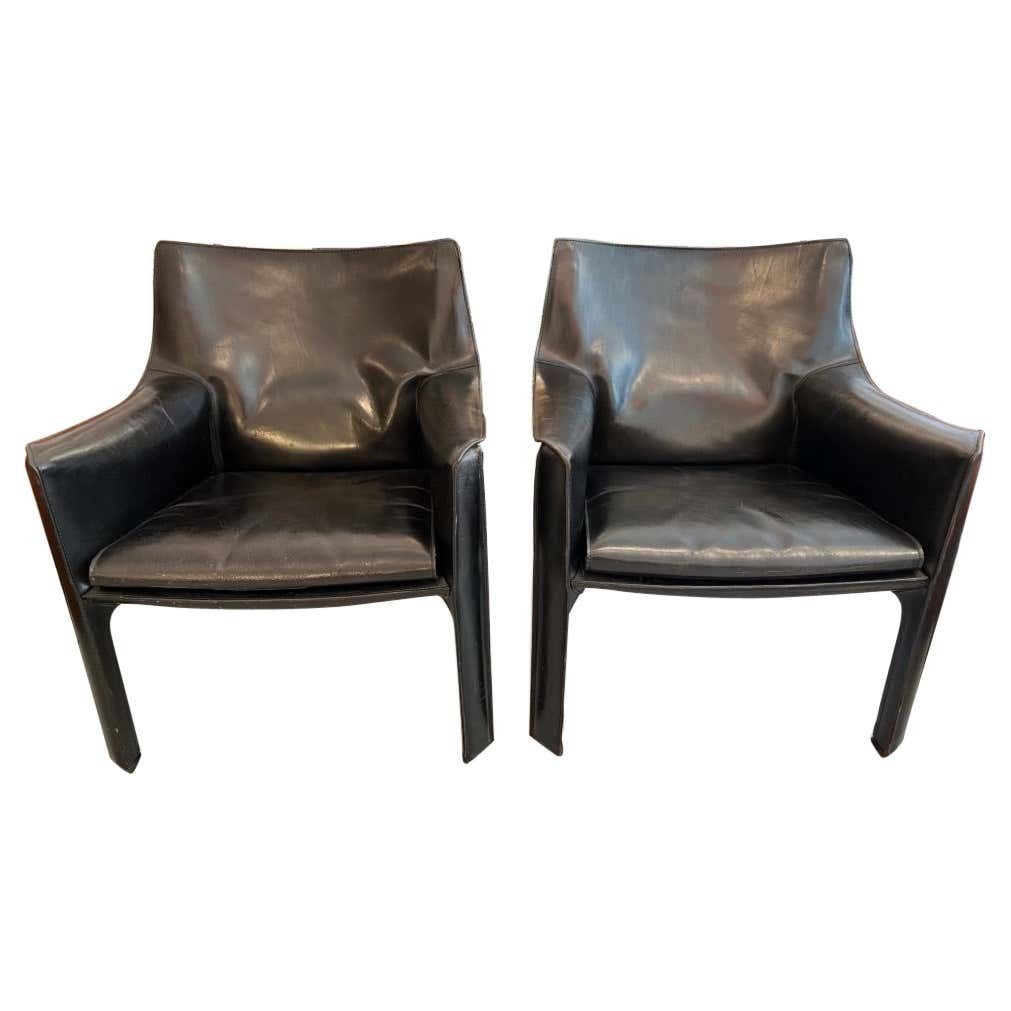 Pair Of Black Leather Cab 414 Lounge Chairs By Mario Bellini, Cassina, Ca. 1970s