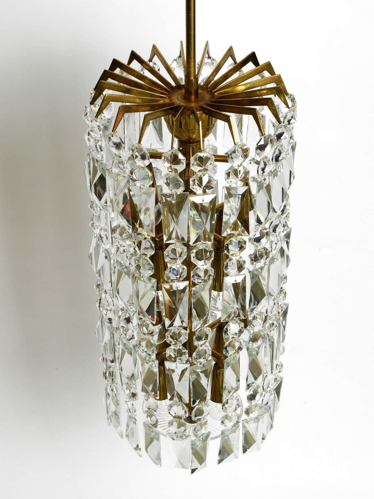 Beautiful Mid Century Brass Crystal Glass Chandelier From Vereinigte Werkstätten photo for sale