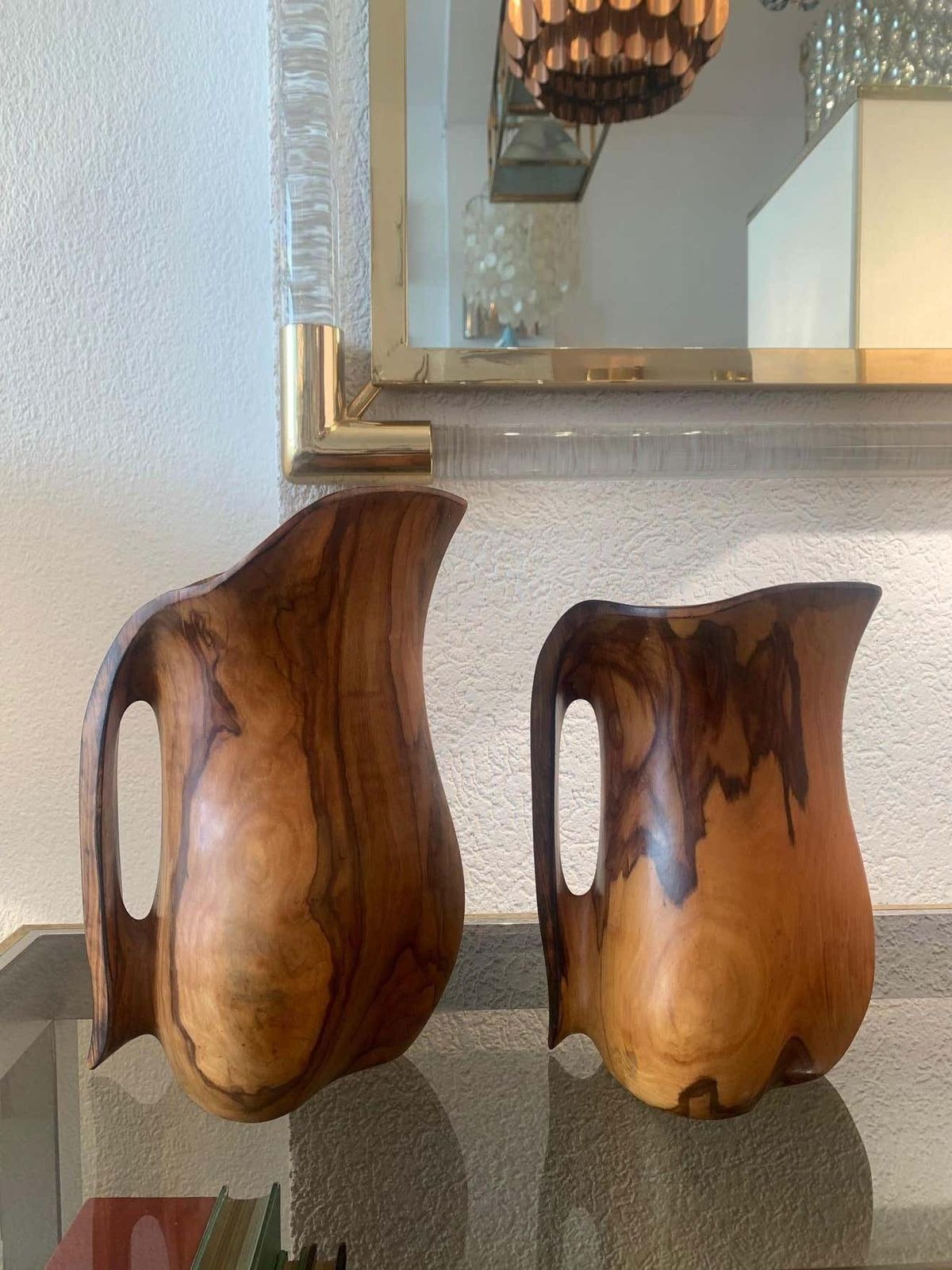 photo for sale Set Of 2 Sculptural Carved Olivewood Jug, France Ca. 1950s