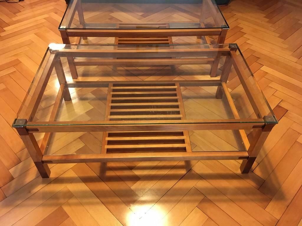 Pair Of Walnut, Brass And Glass Coffee Tables By Pierre Vandel, Paris, 1980s photo for sale