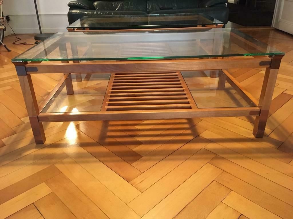 Pair Of Walnut, Brass And Glass Coffee Tables By Pierre Vandel, Paris, 1980s photo Furniture