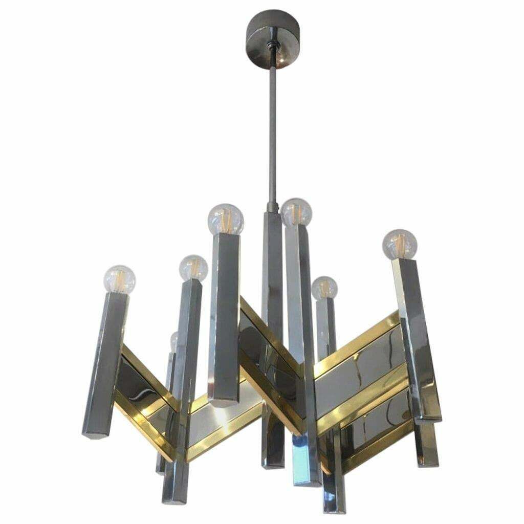 2 Chrome And Brass Chandelier By Gaetano Sciolari, Italy, Circa 1970