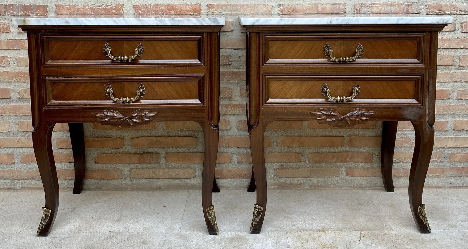 Mid 20th Century Pair Of Walnut Nightstands With Two Drawers And Marble Top photo furniture