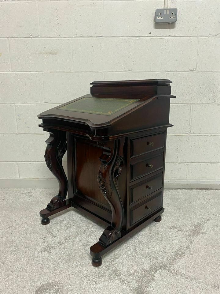 Solid Mahogany Davenport Desk Green Leather Inlay Antique Repro