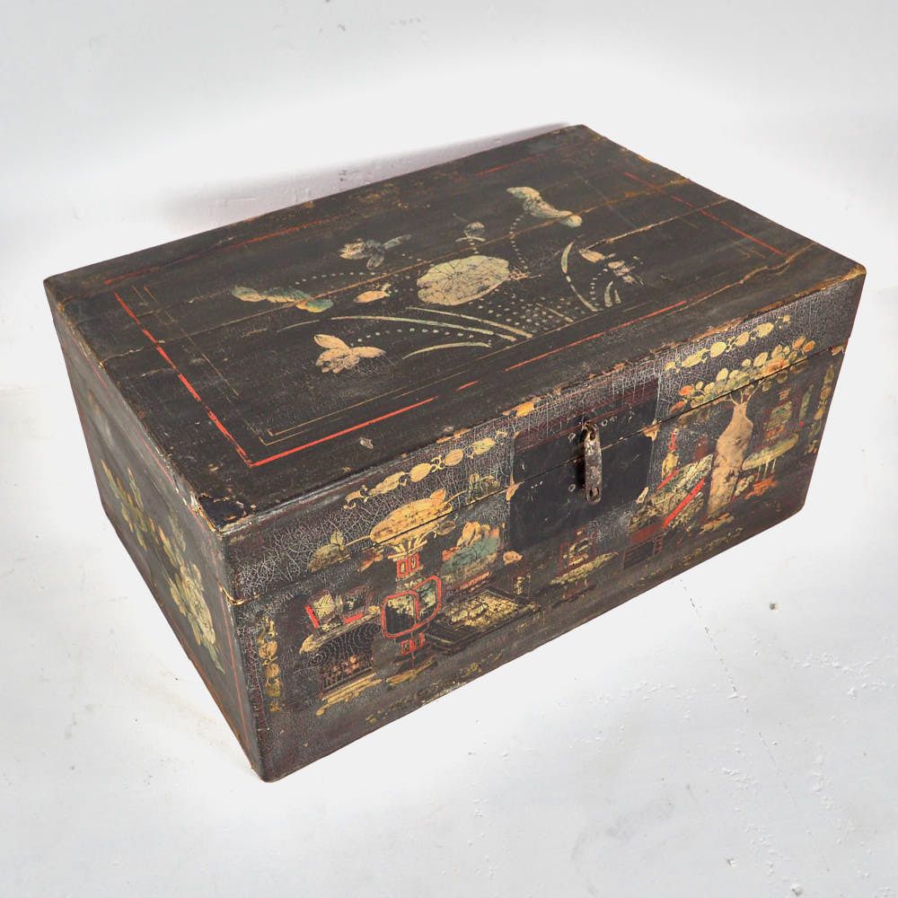 Antique Wooden Chest With Porcelain Vase Illustrations (China, C.1900) #2 photo 744.0