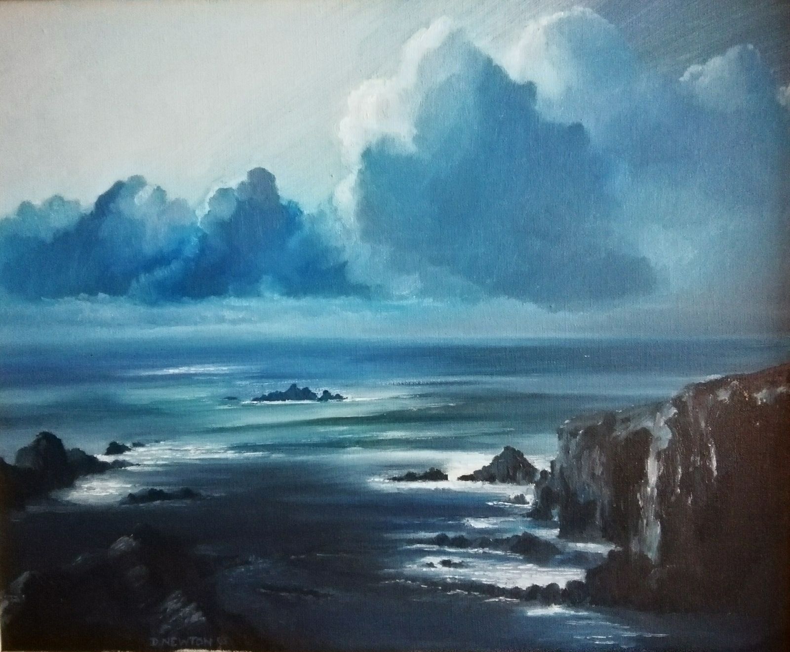 Midcentury 1960s Signed Original Oil On Canvas Seascape By D Newton, Original Signed Oil Painting, D Newton 1965 Signed Painting photo furniture