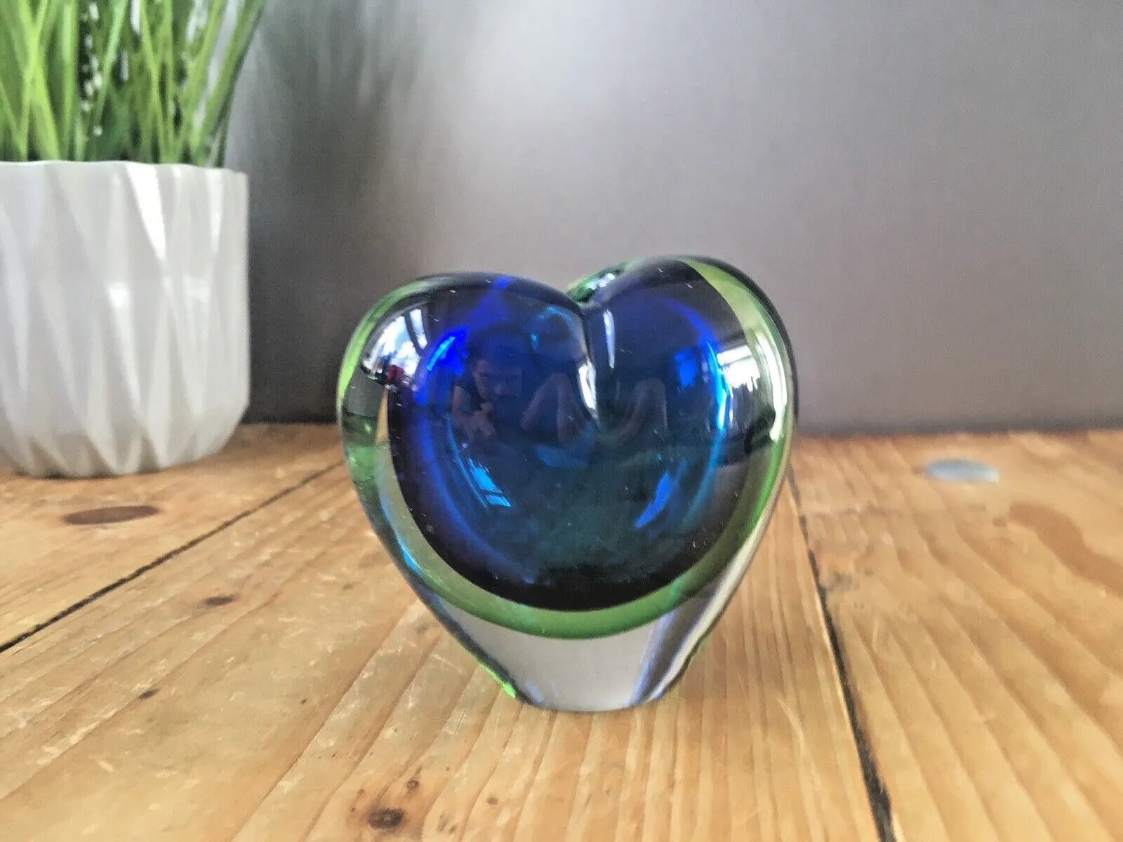 Mid Century 50's Murano Sommerso Green And Blue Glass Heart Bud Vase Vintage Retro photo vintage