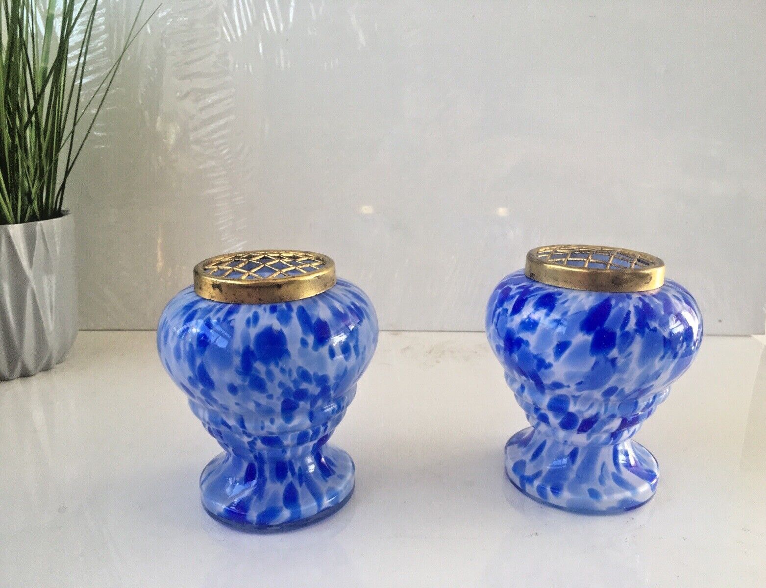 110.0 Superb Pair Of Art Deco Bohemian Czech Spatter Glass Posy Frog Vase Franz Welz photo