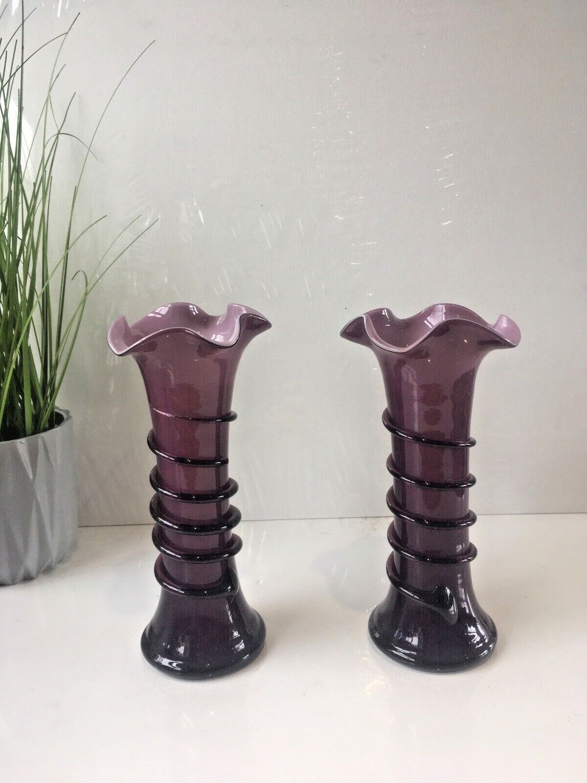 photo for sale Pair Of Purple Tango Glass Trailed Bud Vases Czechoslovakia Loetz Kralik Welz