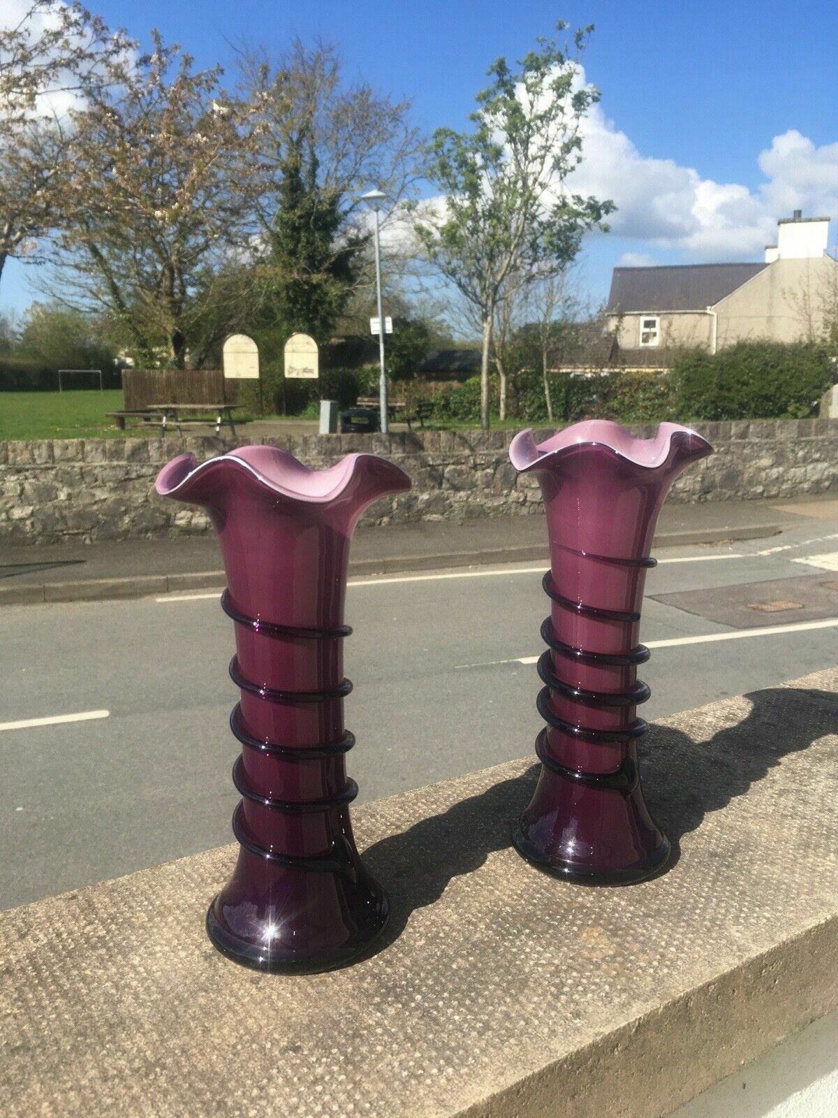 Home Decor Pair Of Purple Tango Glass Trailed Bud Vases Czechoslovakia Loetz Kralik Welz photo