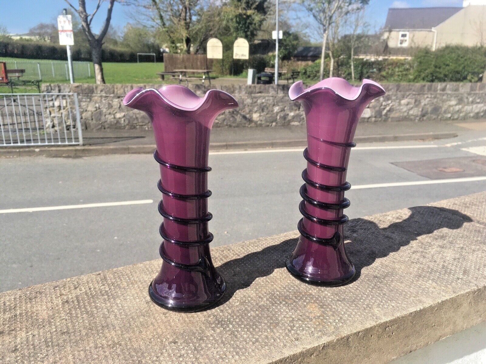 photo vinterior Pair Of Purple Tango Glass Trailed Bud Vases Czechoslovakia Loetz Kralik Welz