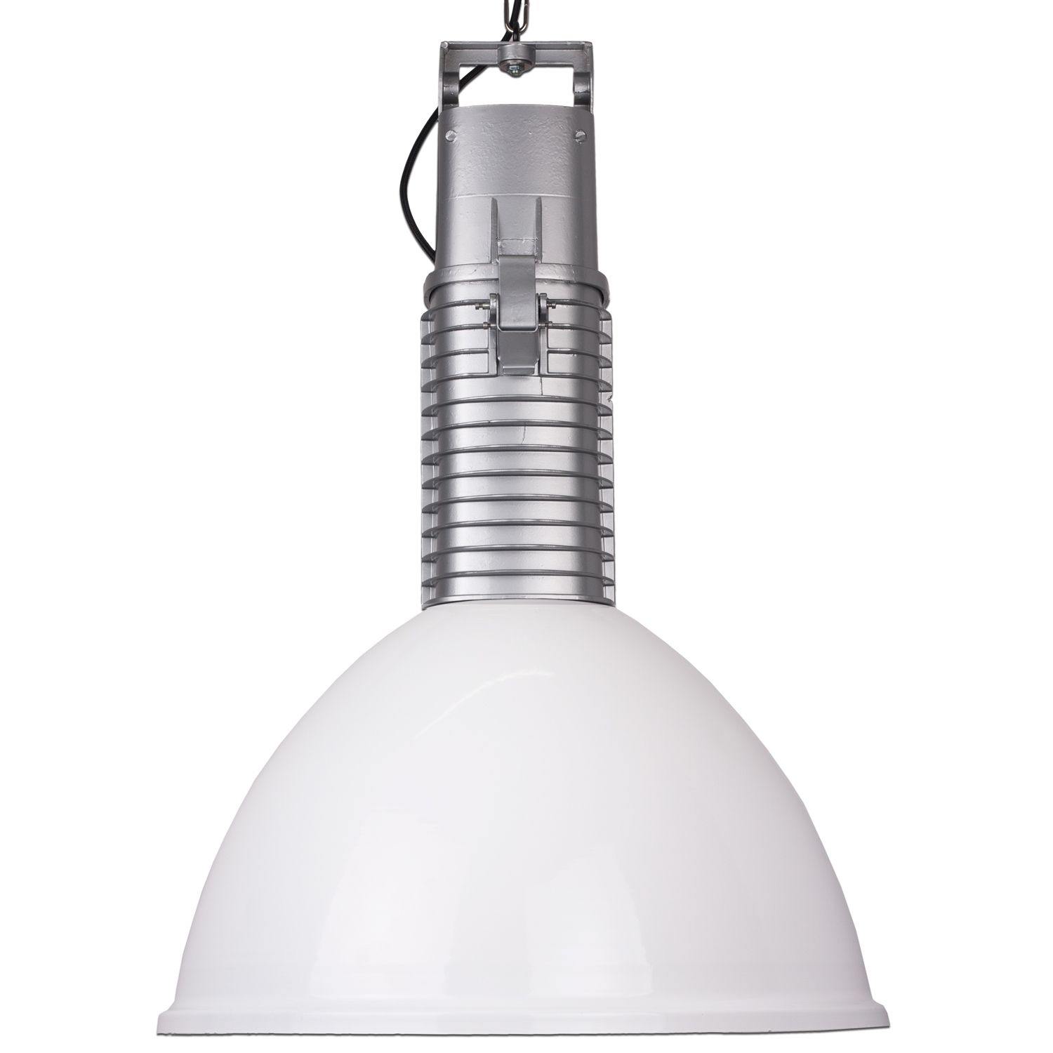 Large Polish Factory White And Silver Pendant Lamp From Polamp, Industrial Loft Style, 1980s