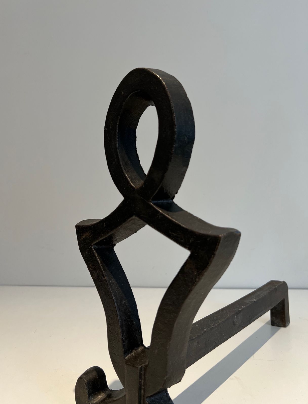 Pair Of Modernized Cast Iron And Wrought Iron Andirons By Raymond Subes photo vinterior