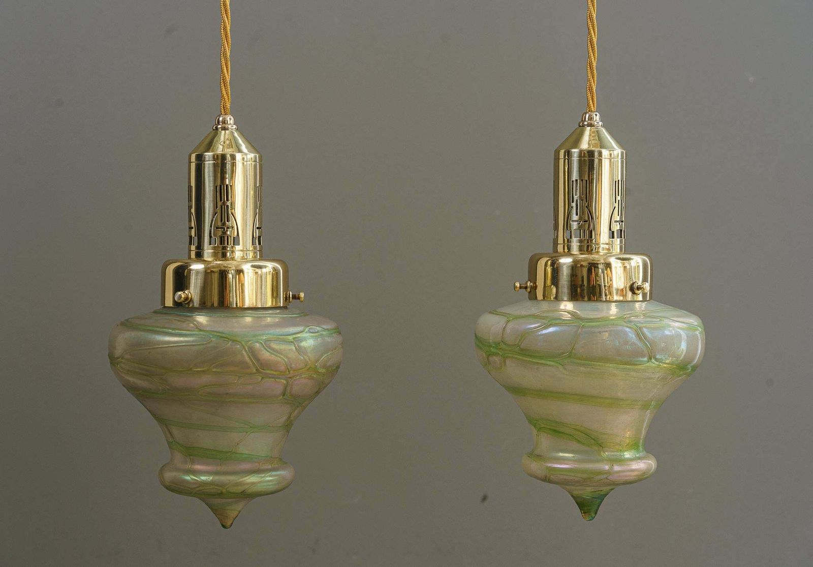 2 Art Deco Pendant With Palme Koenig Glass Shades Vienna Around 1920s photo for sale