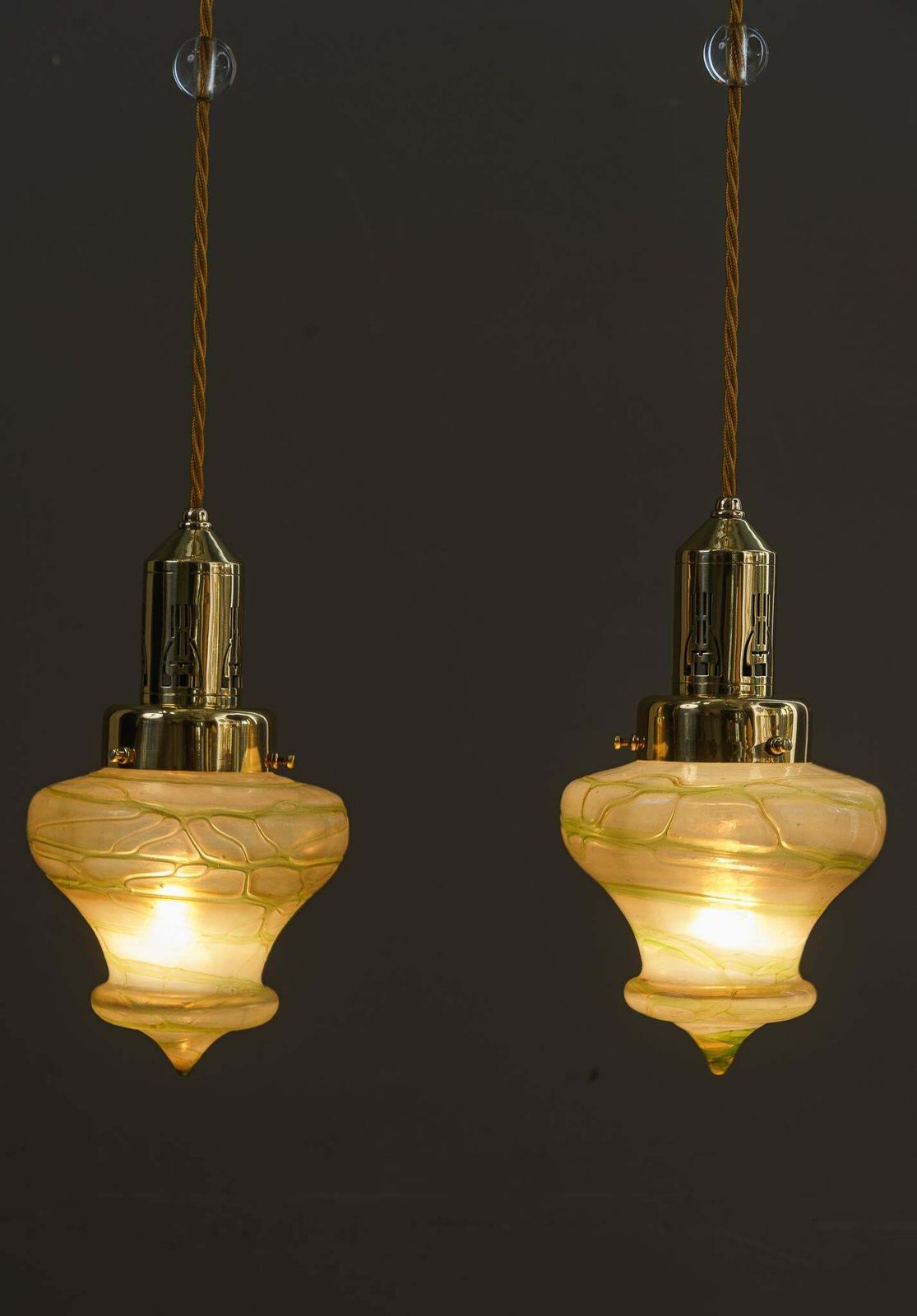2 Art Deco Pendant With Palme Koenig Glass Shades Vienna Around 1920s photo vinterior