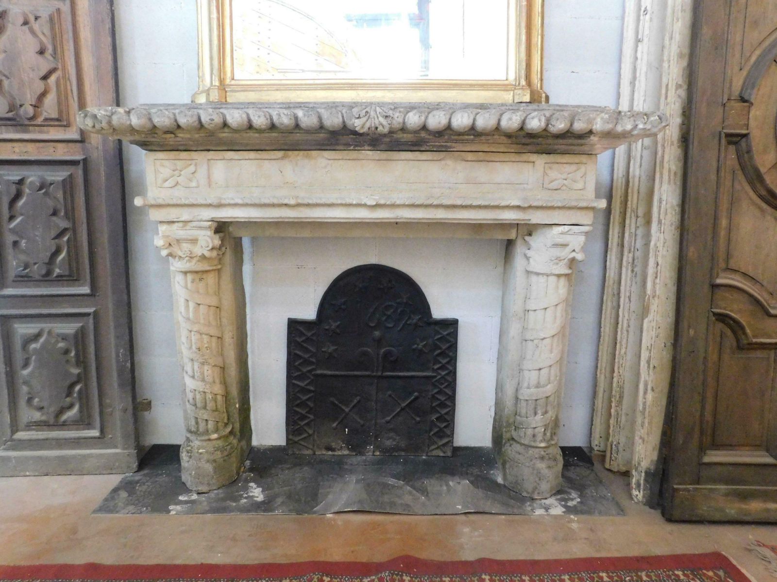 Important Antique Fireplace Mantle In Stone, Hand Carved Columns, '800 Italy photo furniture