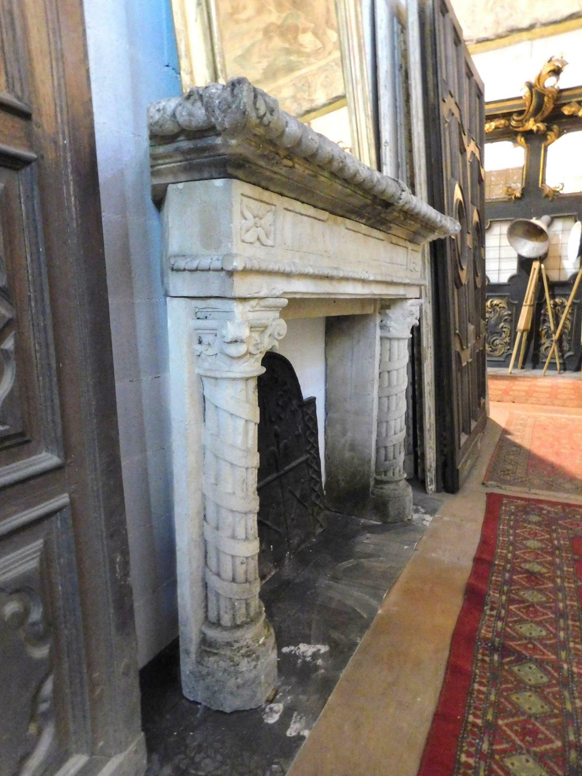 Important Antique Fireplace Mantle In Stone, Hand Carved Columns, '800 Italy photo for sale