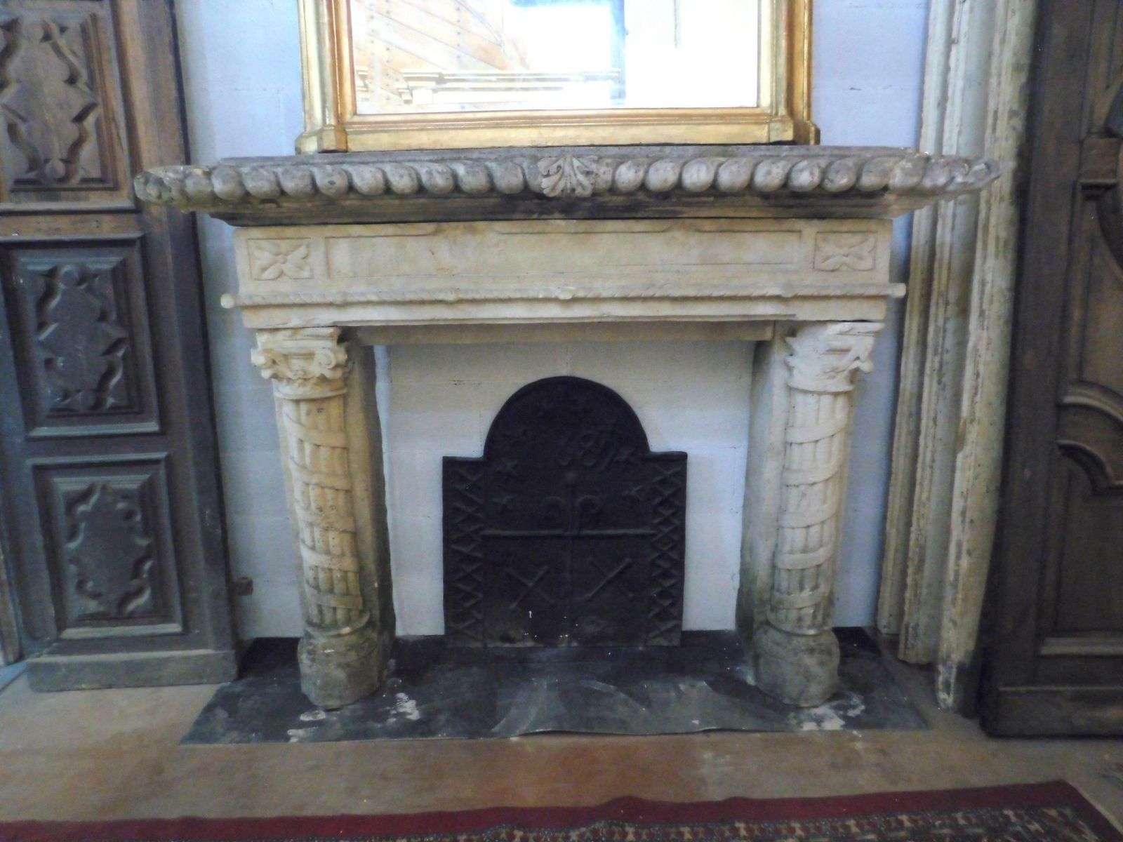 photo furniture Important Antique Fireplace Mantle In Stone, Hand Carved Columns, '800 Italy