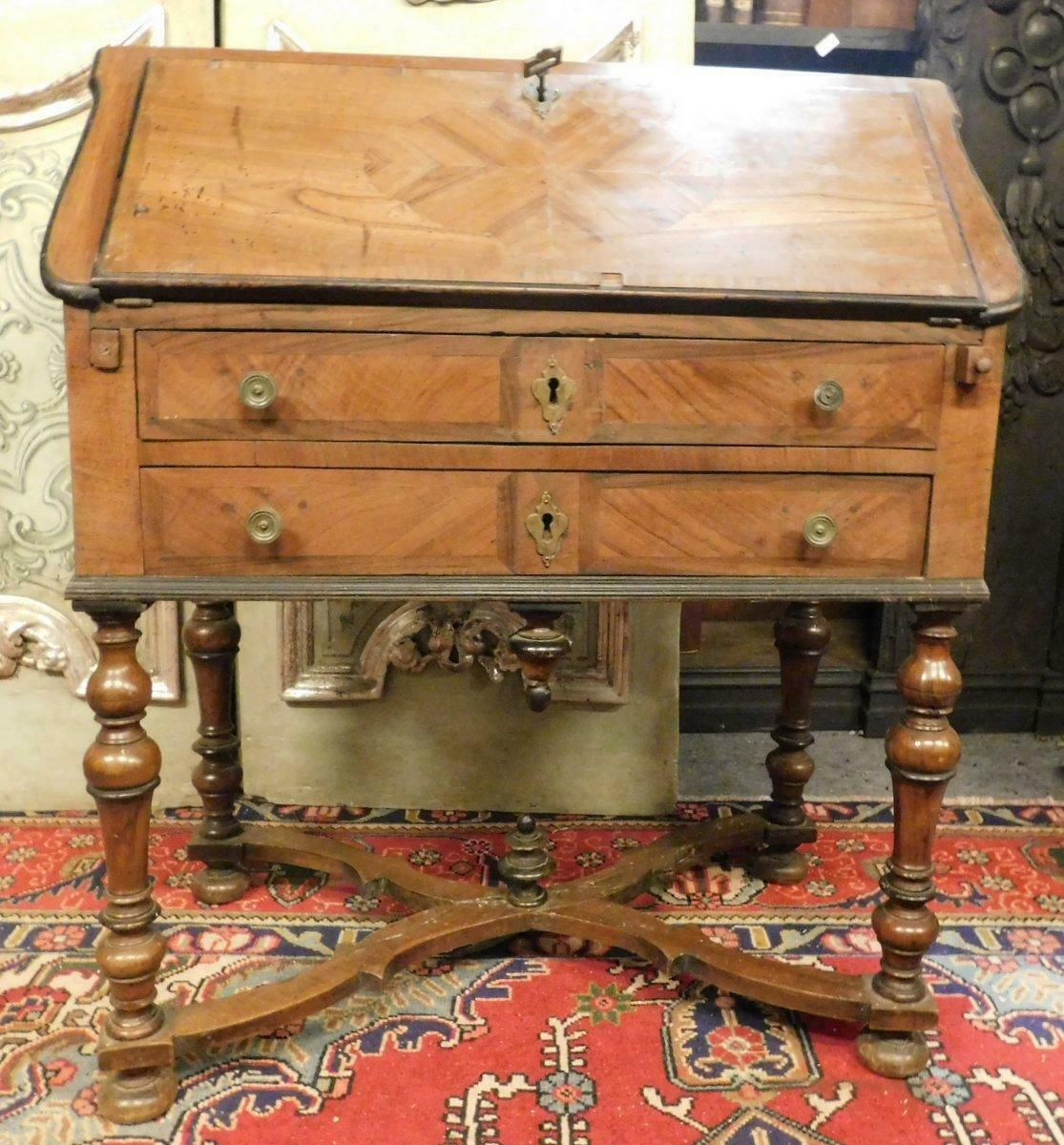 Antique Flap Writing Desk In Walnut, Carved Cross Legs, Early 18th Century Italy photo furniture