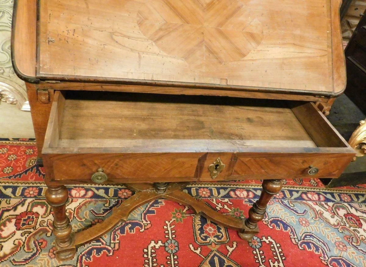 Antique Flap Writing Desk In Walnut, Carved Cross Legs, Early 18th Century Italy photo 3012.0
