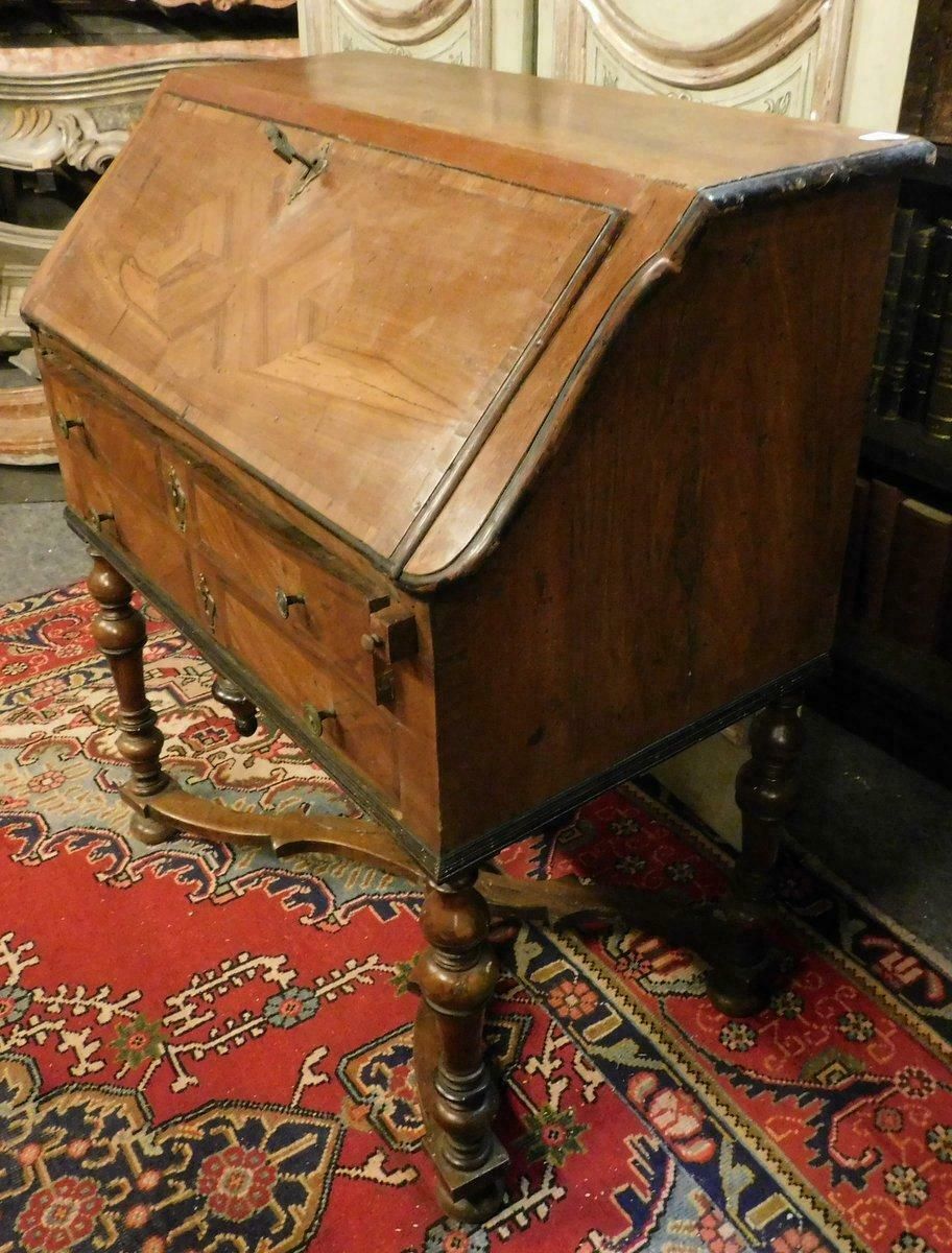 Antique Flap Writing Desk In Walnut, Carved Cross Legs, Early 18th Century Italy photo buy