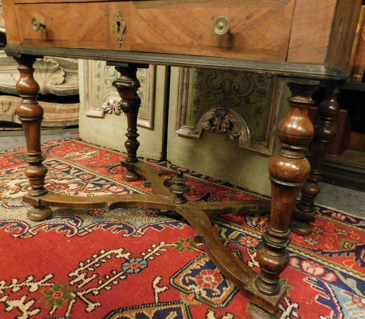 Antique Flap Writing Desk In Walnut, Carved Cross Legs, Early 18th Century Italy photo vintage