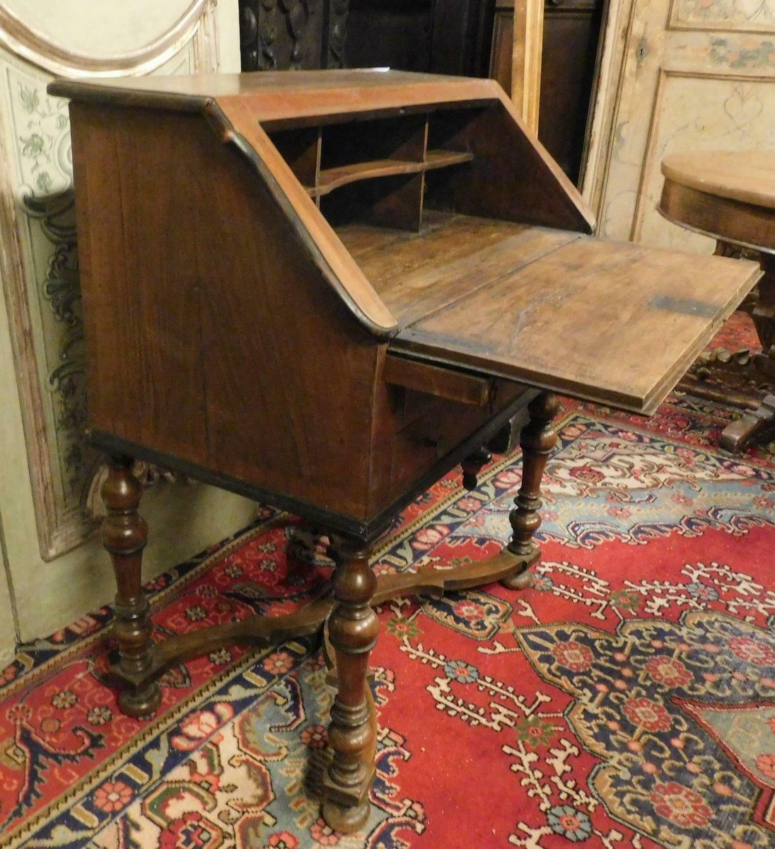 Furniture Antique Flap Writing Desk In Walnut, Carved Cross Legs, Early 18th Century Italy photo