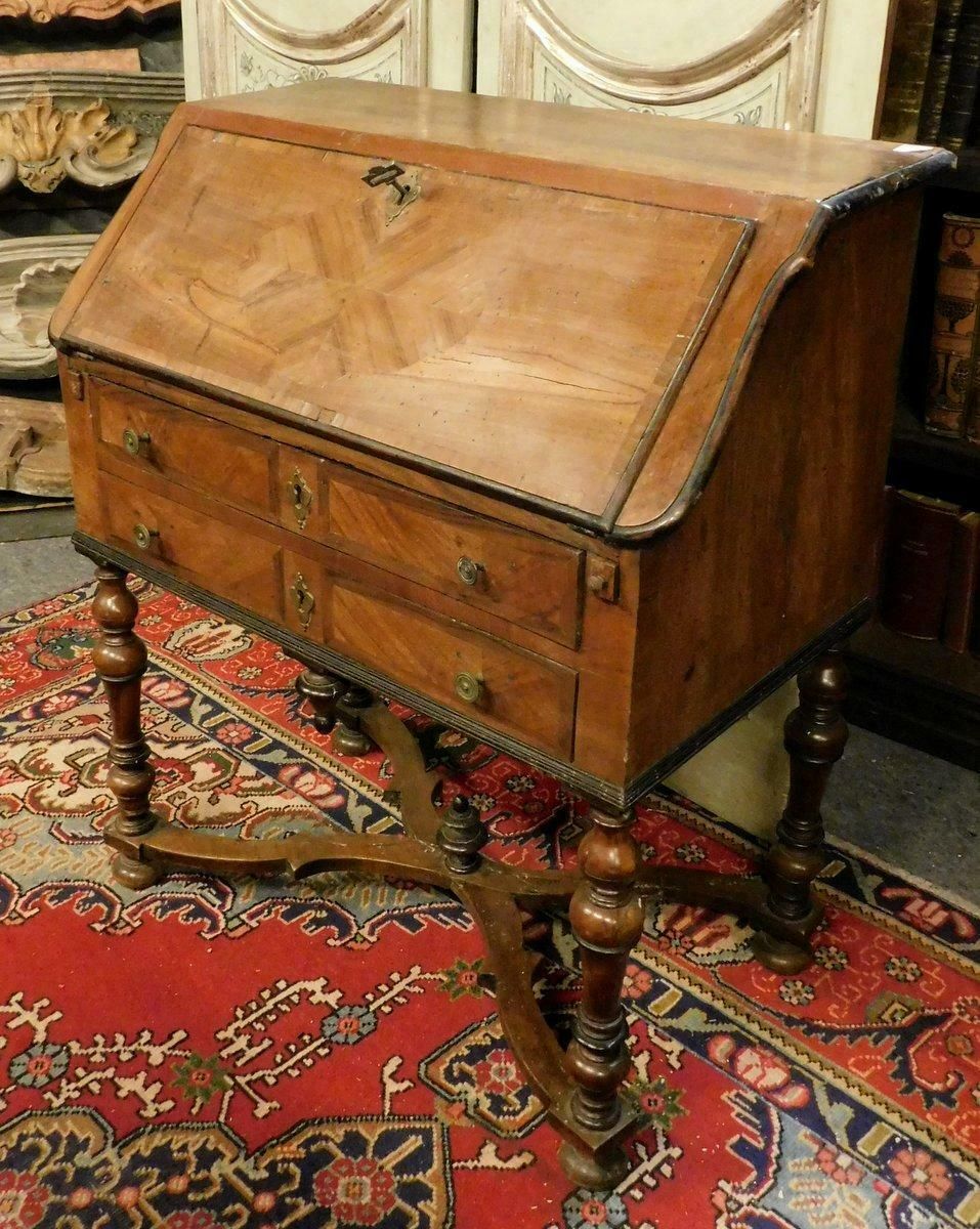 photo buy Antique Flap Writing Desk In Walnut, Carved Cross Legs, Early 18th Century Italy