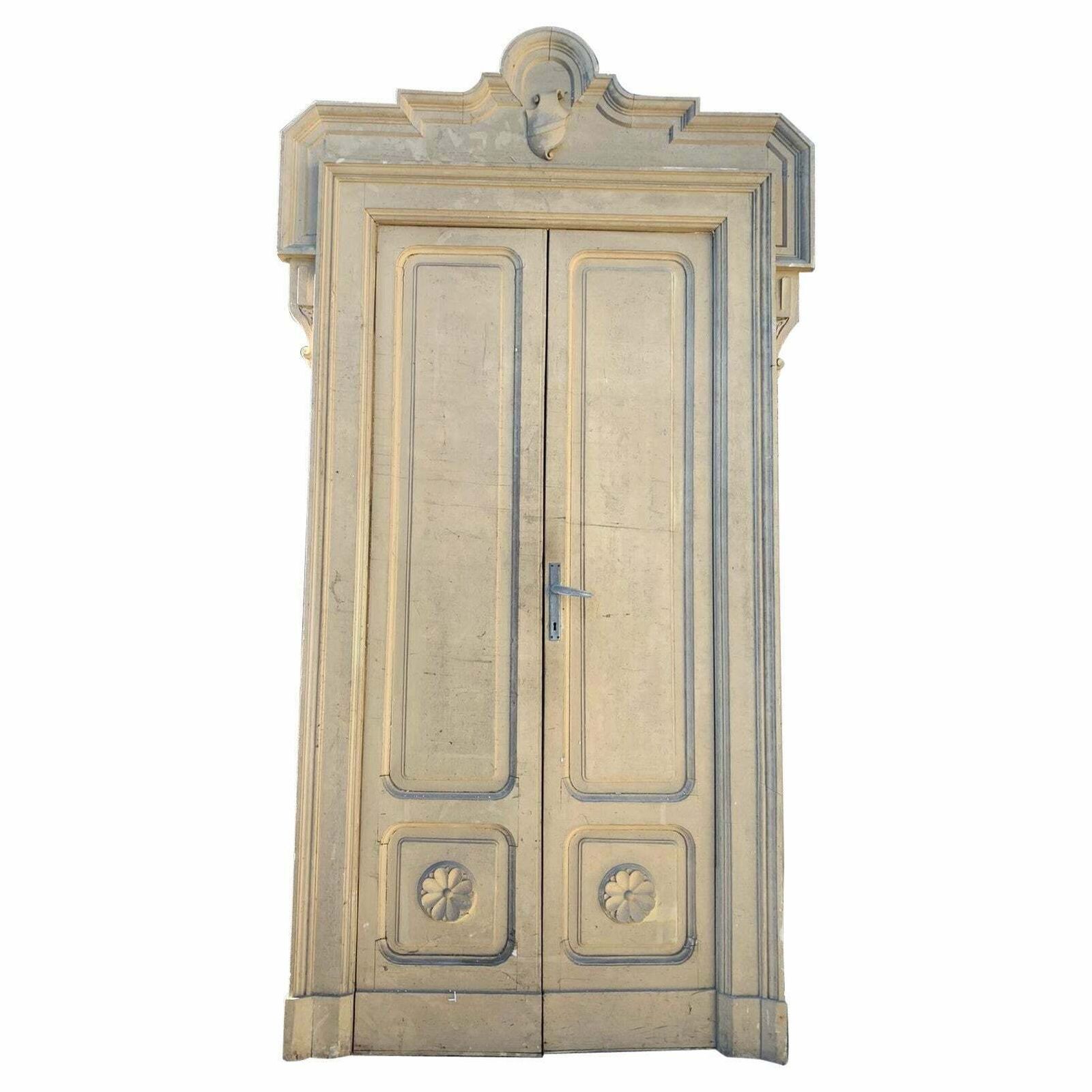 N.3 Lacquered Interior Double Doors With Carved Frame, 19th Century Italy