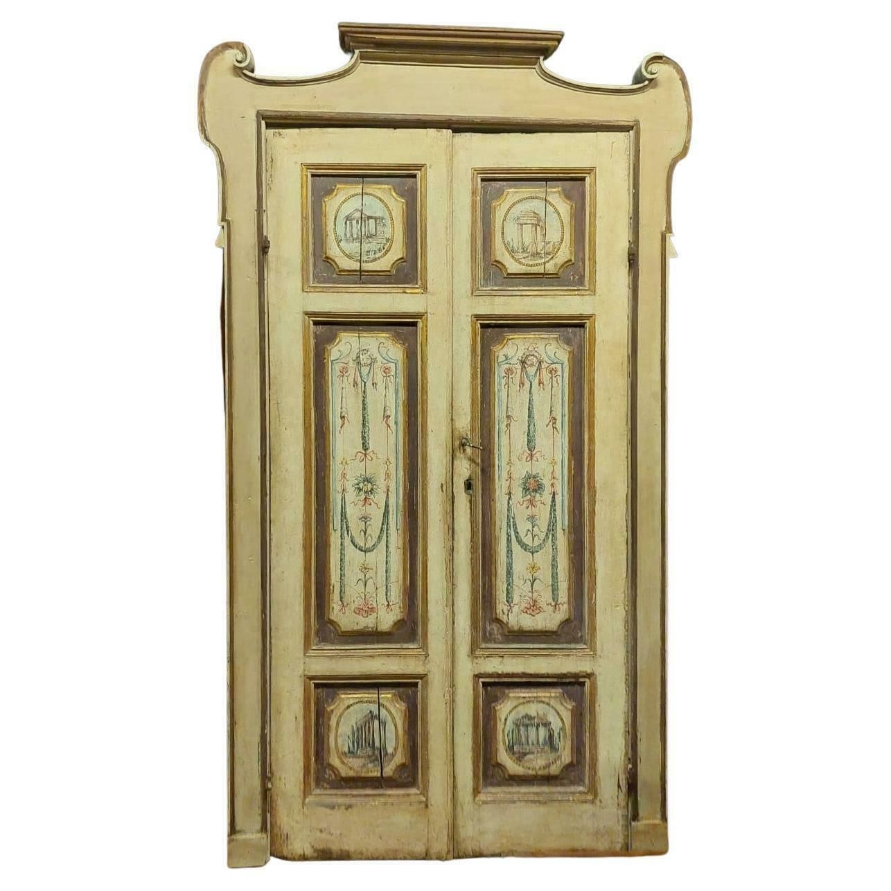 Antique Lacquered And Painted Interior Door With Frame, 18th Century, Italy