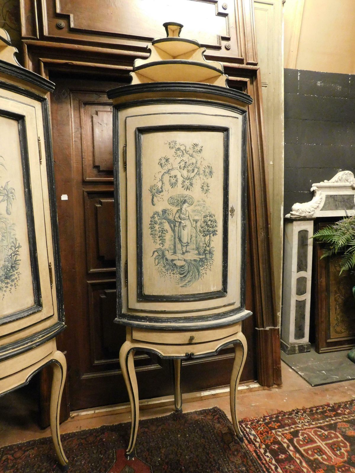 Furniture Antique Pair Of Corner Cabinets In Lacquered Wood With Chinoiserie, 18th Century photo