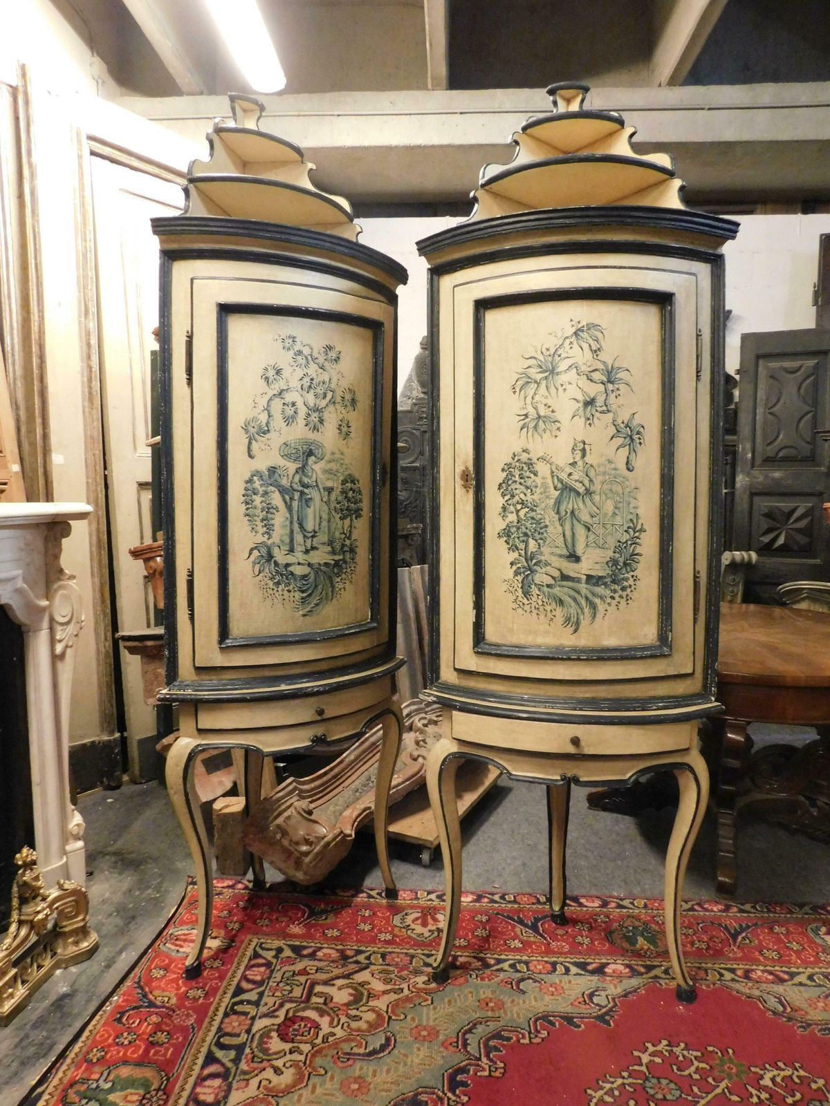 photo buy Antique Pair Of Corner Cabinets In Lacquered Wood With Chinoiserie, 18th Century