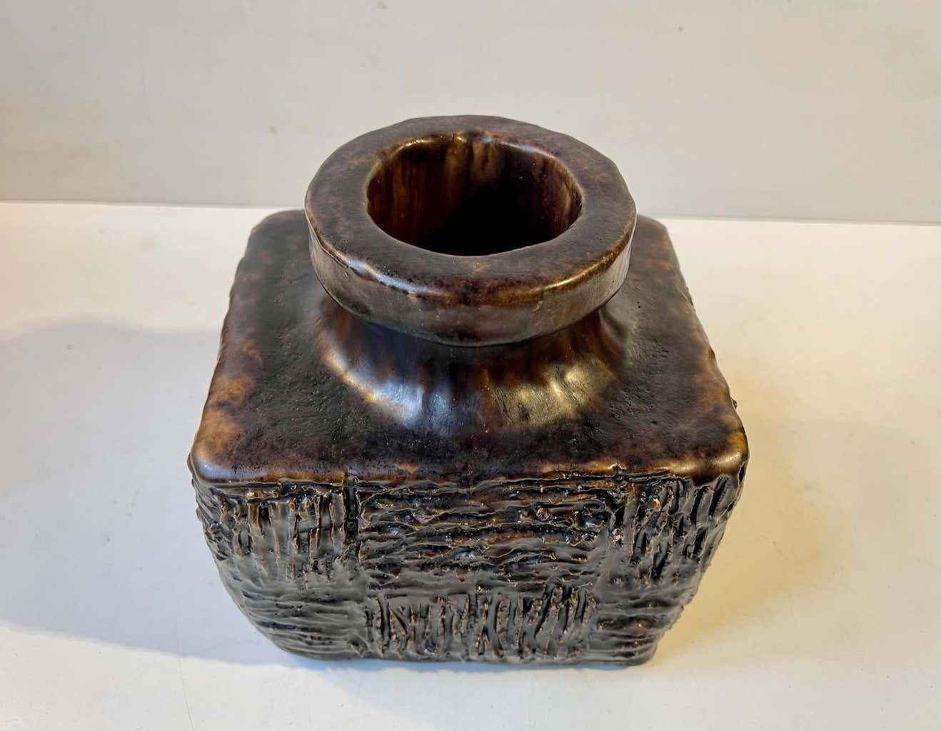 Brutalist Scandinavian Stoneware Vase With Brown Fat Lava Glaze, 1970s photo for sale