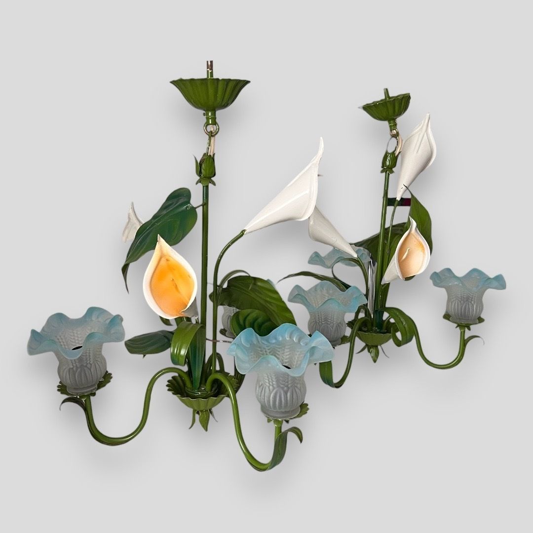 A Fantastic Pair Of Italian Metal 1960s Chandeliers With Painted Nalla Lilies