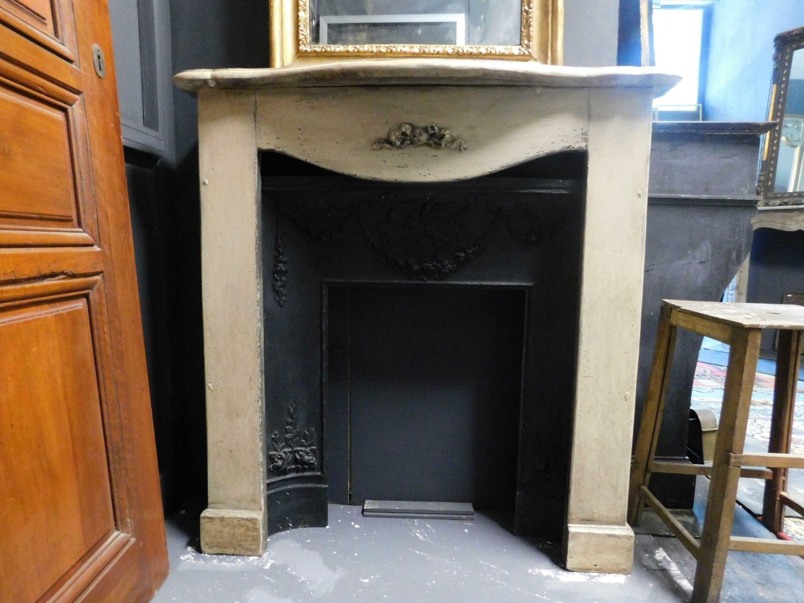 Fireplace Mantle In Grey Lacquered Wood, 19th Century, Italy photo furniture