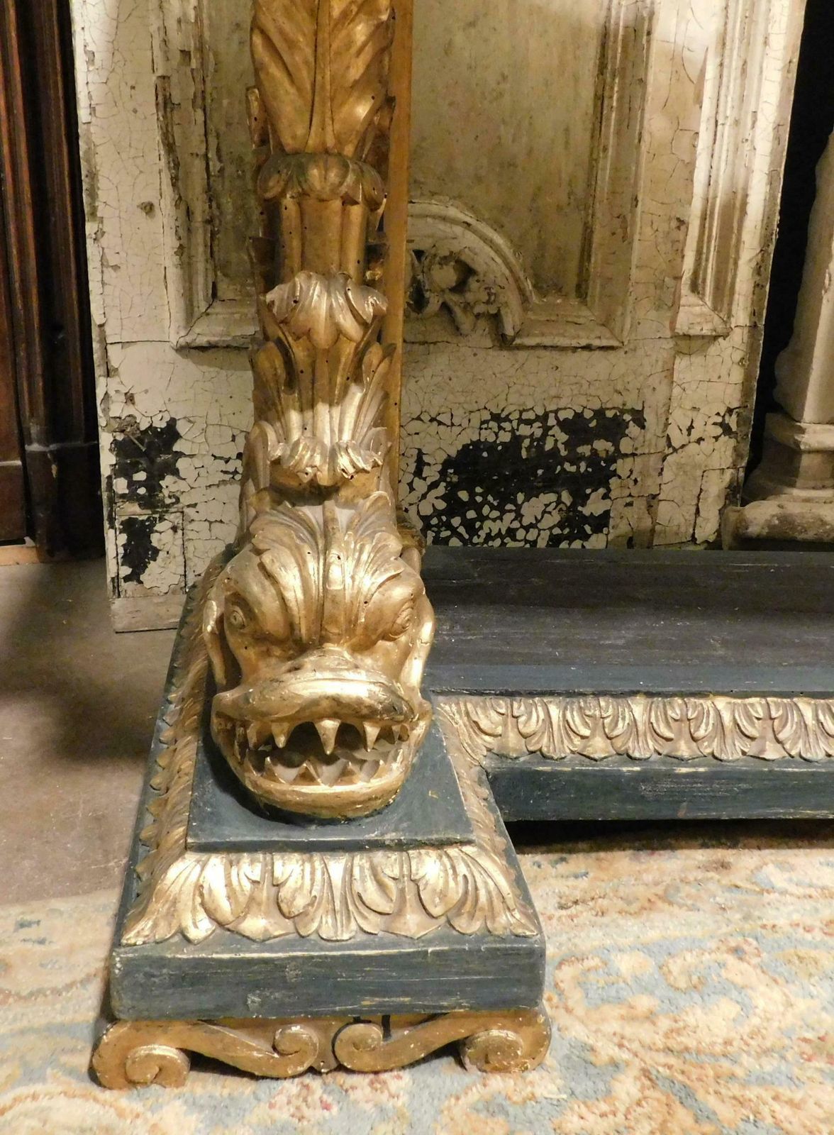 Gilded And Lacquered Console In Richly Carved Wood, Black Marble Top, Italy photo vinterior