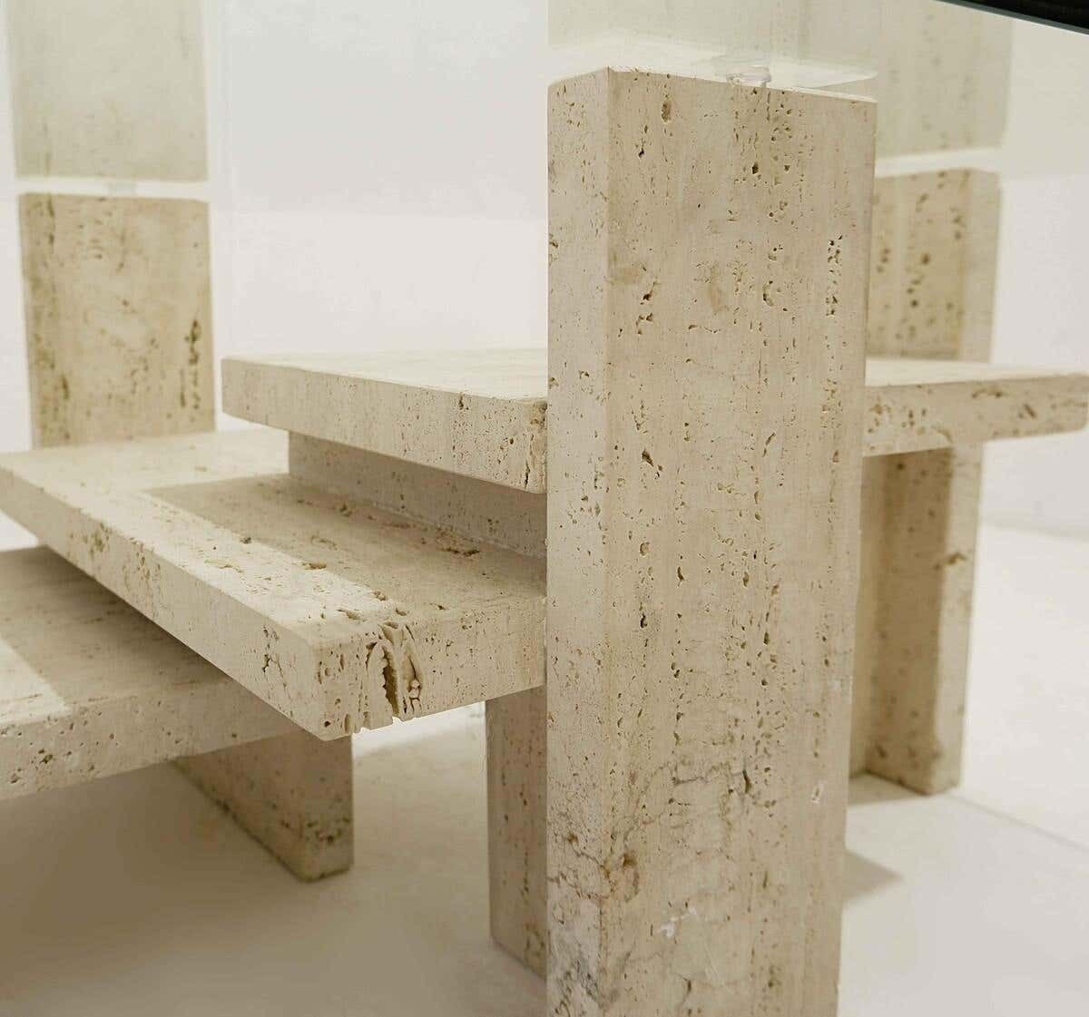Mid Century Modern Glass And Travertine Coffee Table, Willy Ballez, 1970s photo vinterior