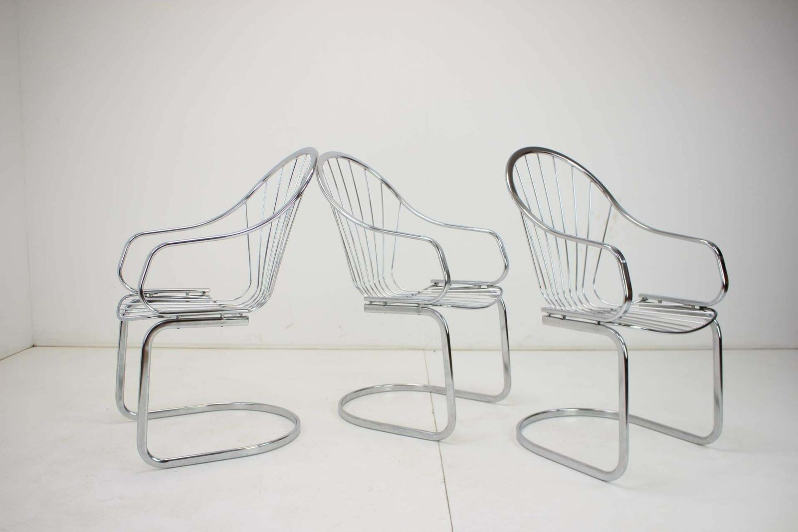 Midcentury Set Of Three Chrome Dining Chairs By Gastone Rinaldi, Italy, 1970s photo for sale