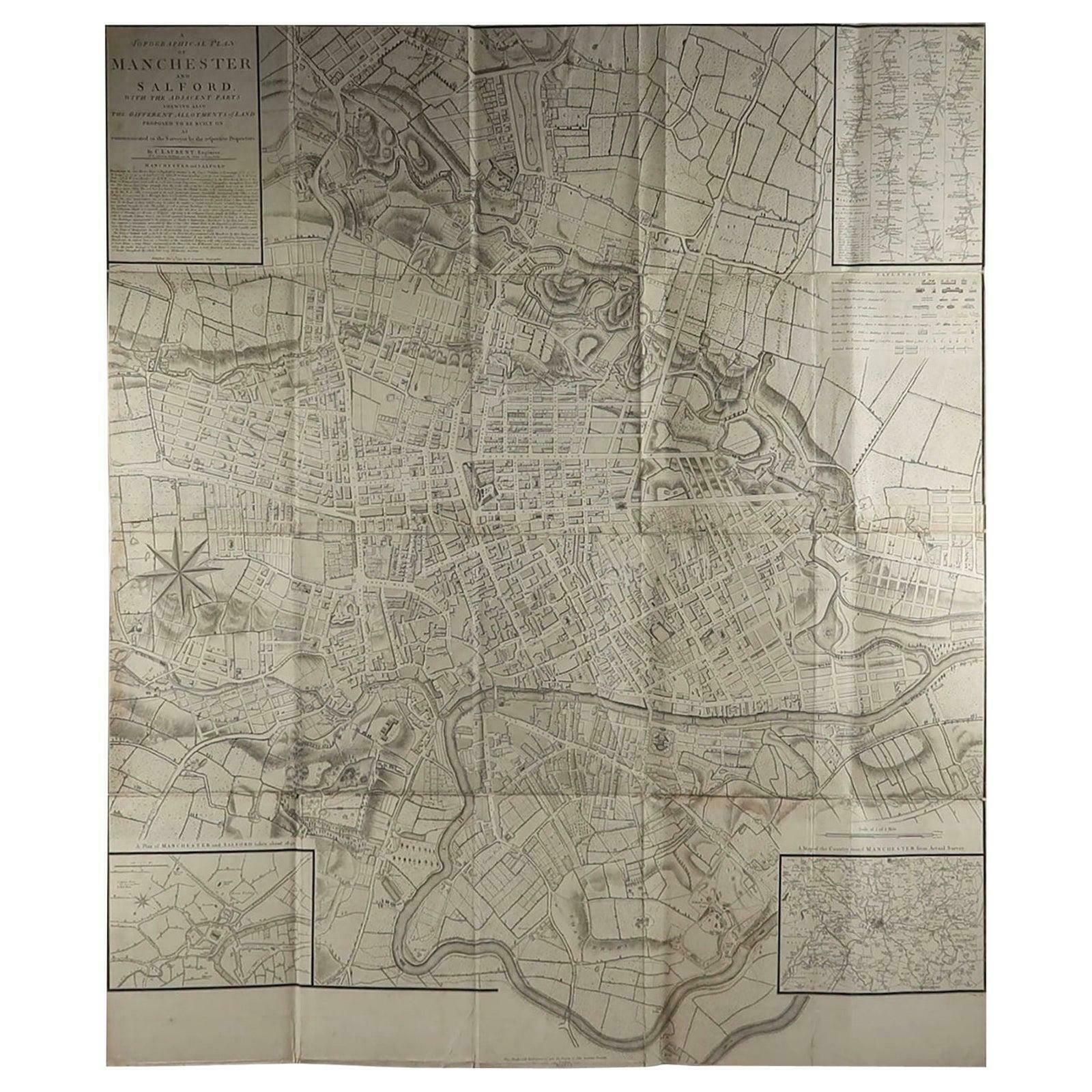 Large Original Antique Folding Map Of Manchester, England, Dated 1793